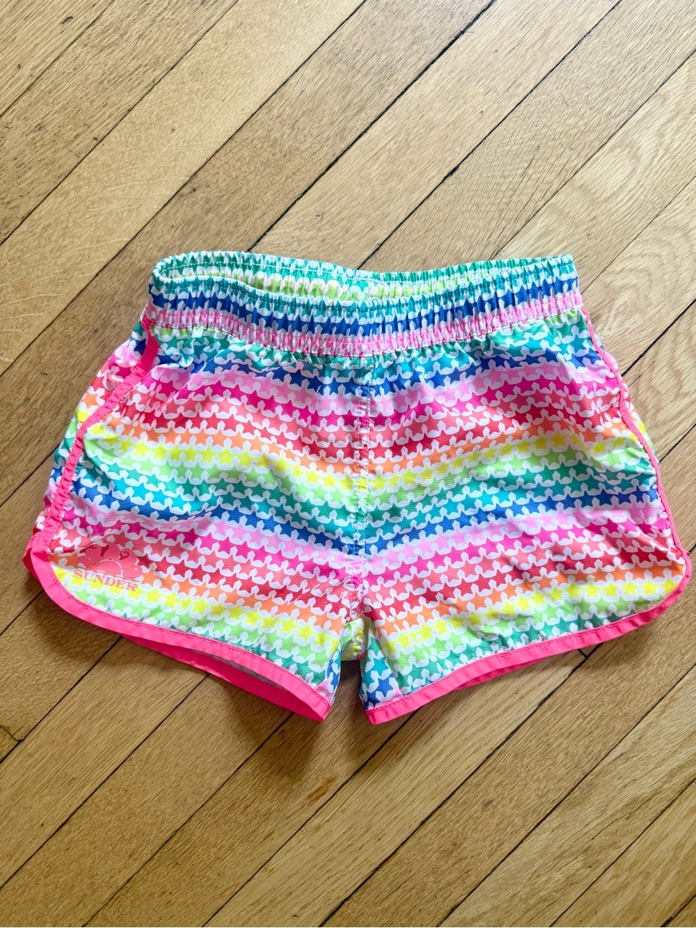 Sundek Girls' Rainbow Star Stripe Shorts with Hot Pink Trim